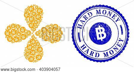 Chinese Yuan Coin Swirl Abstract Flower, And Blue Round Hard Money Textured Stamp Imitation With Ico