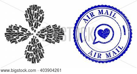 Mail Exploding Flower Shape, And Blue Round Air Mail Unclean Stamp Print With Icon Inside. Object Fl