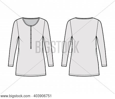 Shirt Dress Mini Technical Fashion Illustration With Henley Neck, Long Sleeves, Oversized, Pencil Fu