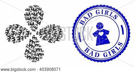 Old Woman Curl Flower With Four Petals, And Blue Round Bad Girls Grunge Stamp Imitation With Icon In