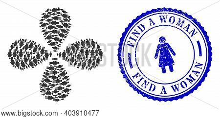 Woman Explosion Flower Cluster, And Blue Round Find A Woman Scratched Badge With Icon Inside. Elemen
