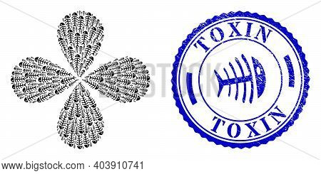 Dead Fish Exploding Flower With Four Petals, And Blue Round Toxin Unclean Stamp Imitation With Icon 