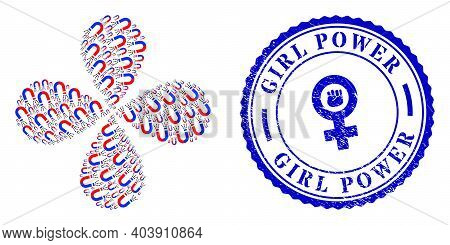 Magnet Force Curl Spin, And Blue Round Girl Power Grunge Seal With Icon Inside. Object Flower With 4