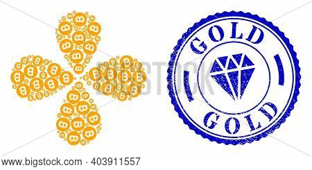 Bitcoin Gold Coin Swirl Abstract Flower, And Blue Round Gold Unclean Watermark With Icon Inside. Obj