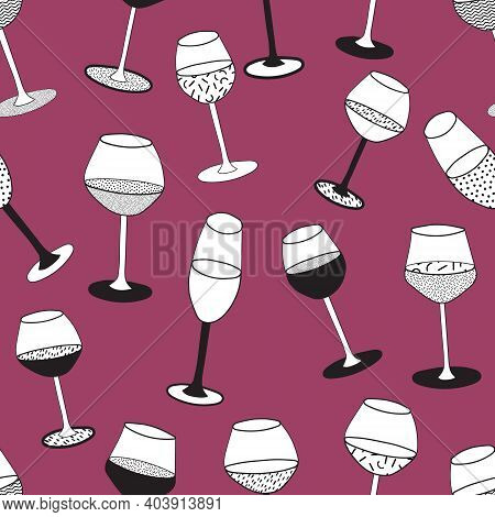 Doodle Cartoon Hipster Style Black And White Vector Seamless Pattern Illustration. Variety Of Wine G