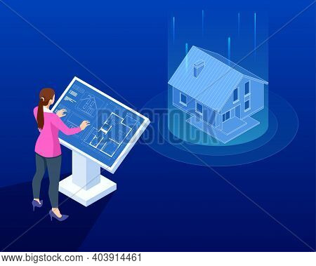 Isometric House Architectural Project. Virtual Interactive Interface. Engineer Uses The Virtual Inte