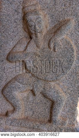Hampi, Karnataka, India - November 5, 2013: Malyavanta Raghunatha Temple. Closeup Of Gray Stone Fres