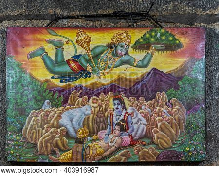 Hampi, Karnataka, India - November 5, 2013: Malyavanta Raghunatha Temple. Colorful Painting Featurin