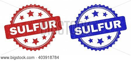 Rosette Sulfur Seal Stamps. Flat Vector Textured Seal Stamps With Sulfur Text Inside Rosette Shape W