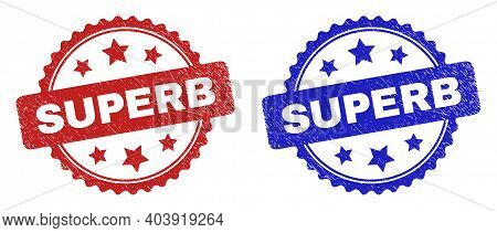 Rosette Superb Seal Stamps. Flat Vector Textured Seal Stamps With Superb Phrase Inside Rosette Shape