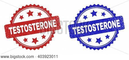 Rosette Testosterone Watermarks. Flat Vector Scratched Stamps With Testosterone Title Inside Rosette