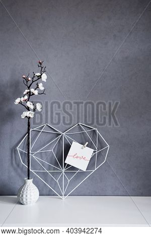 Stylish Still Life Inside The Apartment. Elegant Openwork Heart With Notes On The Background Of A Co