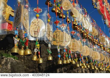 Maehongson, Thailand - December 13, 2020: Beautiful Bells And Tags In Santichon Village A Small Chin