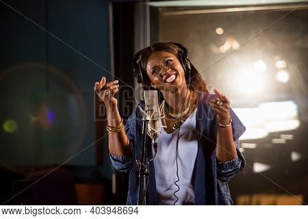 Waje Nigerian Singer Recording Vocal Part On Afro-pop Song In Studio