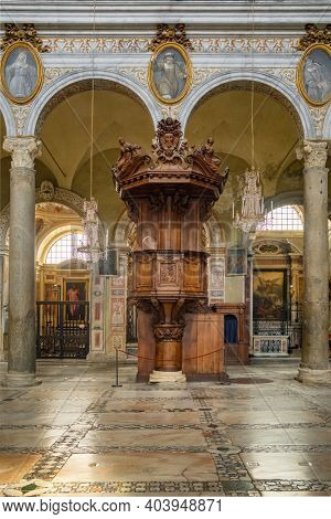 Rome, Italy - May 2, 2020: Interior of church Santa Maria Aracoeli in Rome, Italy