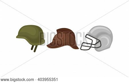 Helmet As Protective Head Covering Isolated On White Background Vector Set