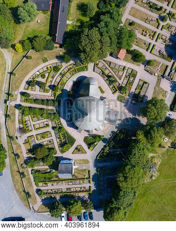 Bornholm, Denmark - August 09, 2020: Aerial Drone View Of Famous Osterlars Church.