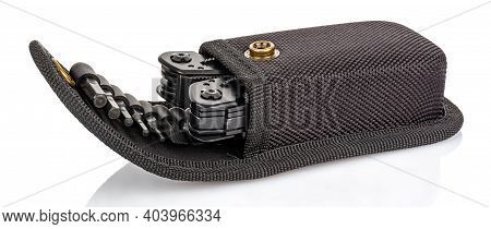 Fabric Storage Case With Closed Multitool Knife Inside Isolated On White Background