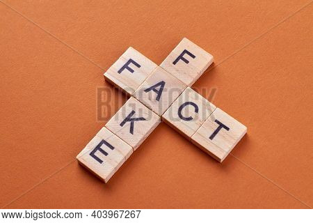 Fact And Fake Word Phrase By Letters Block. Alphabet Cubes With Letters Isolated On Orange Backgroun