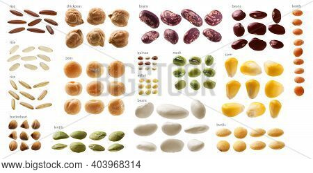 Large Set Of Different Cereals On A White Background
