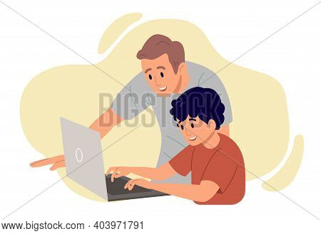 Father With Son Looking At The Laptop. Flat Design Illustration. Vector