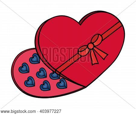 Chocolate In A Box. Chocolate Candies. The Heart-shaped Box Is Tied With A Bow. Colored Vector Illus