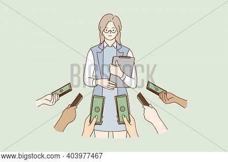 Qualification, Skills, Opportunity Concept. Woman Popular Specialist Cartoon Character Standing With