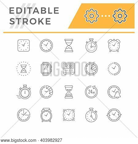 Set Line Icons Of Time Isolated On White. Wrist Watch, Hourglass, Digital And Vintage Alarm, Stopwat