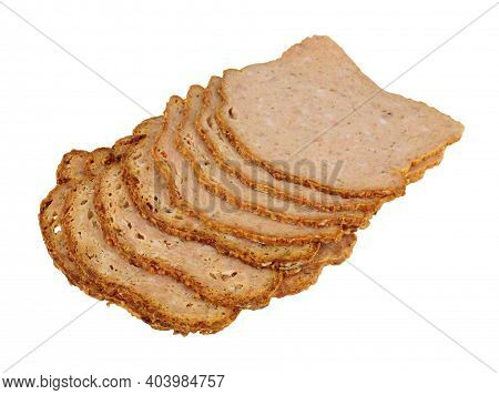 Thin Slices Of Haslet Meat Isolated On A White Background, Haslet Is An English Pork And Herb Meatlo