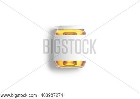Blank Glass Jar With White Label And Honey Mockup Lying, 3d Rendering. Empty Conserve Transparent Ca