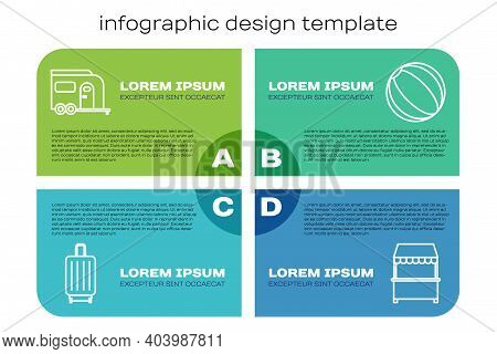 Set Line Suitcase, Rv Camping Trailer, Street Stall With Awning And Beach Ball. Business Infographic