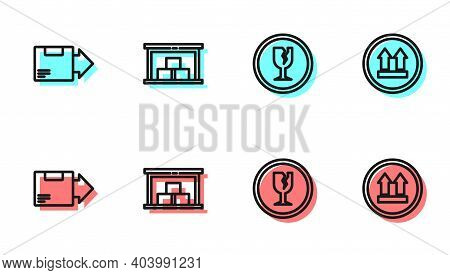 Set Line Fragile Broken Glass, Carton Cardboard Box, Warehouse And This Side Up Icon. Vector
