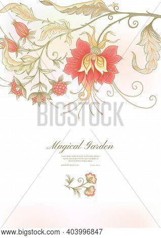 Fantasy Flowers In Retro, Vintage, Jacobean Embroidery Style. Template For Wedding Invitation, Greet