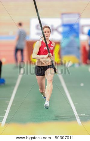 VIENNA, AUSTRIA - JANUARY 29 Line Kloster (#355 Norway) places 3rd in the women's pole vault event on January 29, 2013 in Vienna, Austria.