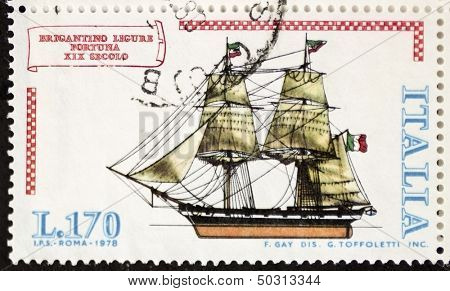 ITALY - CIRCA 1978: a stamp printed in Italy shows image of  Brigantino Ligure Fortuna (Luck Ligurian Brigantine). Italy, circa 1978