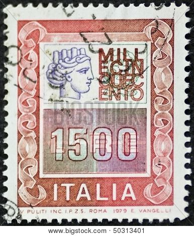 ITALY - CIRCA 1979: a stamp printed in Italy shows Italia Turrita and the indication of an high monetary value. Italy, circa 1979 