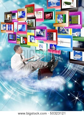 Businessman on the cloud. Internet concept