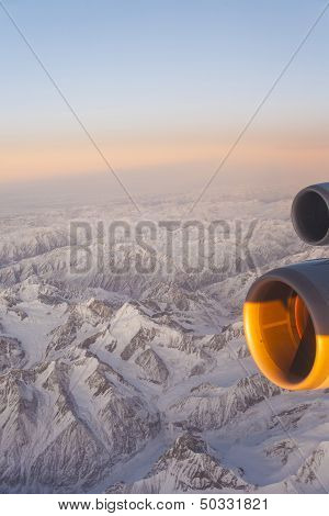 Beautiful View From The Aircraft To The Mountains In Tashkent, China And Kirgistan And Aircraft Turb