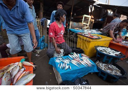 PADANG - AUGUST 25: A fishmonger waits for customers in a stall at an outdoor village market in Padang, West Sumatera, Indonesia on August 25, 2013. Resources from the sea is a major revenue earner.  