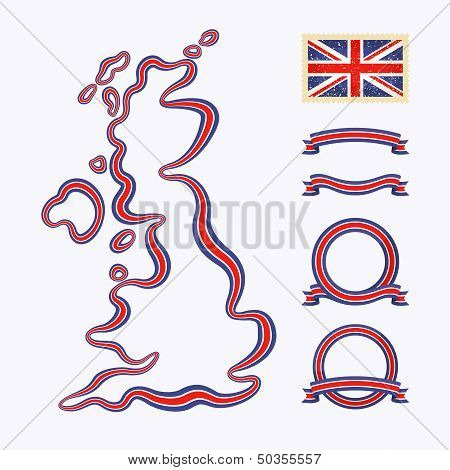 Outline map of United Kingdom. Border is marked with a ribbon in the national colors.