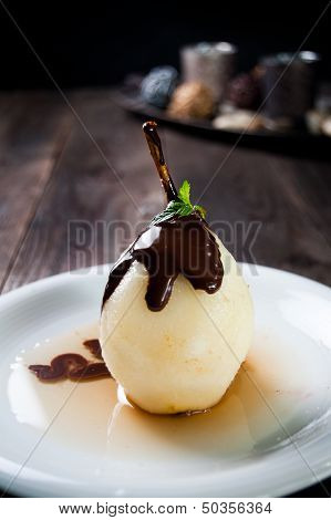 Delicious Pear Dessert With Chocolate And Amaretto Liqueur