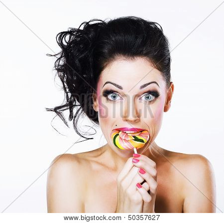 Ecstasy. Funny Peppy Woman With Yummy Lollipop