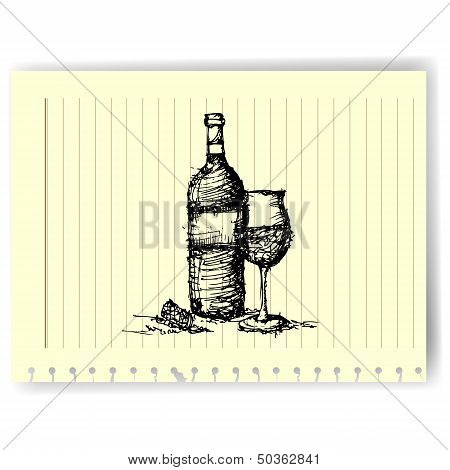 Sketch Drawing Of Wine Bottle And Glass On  Lined  Paper Pag...