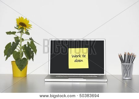 Sunflower plant on desk and sticky notepaper with Dutch text on laptop screen saying 