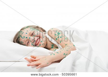 sick girl smile in white bed