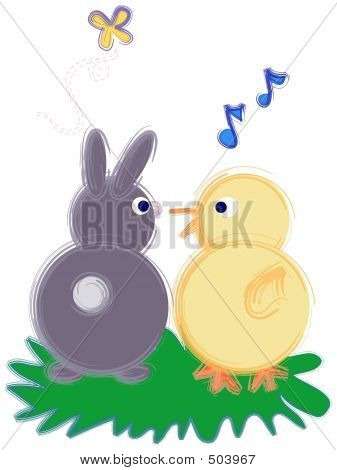 Jarní čas Bunny a Chick šťastné konverzaci.