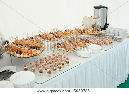 Various meat, fish and cheese banquet snacks on banquet table, catering event