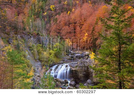 Cascada de Arripas waterfall in Ordesa valley Pyrenees Huesca Aragon Spain