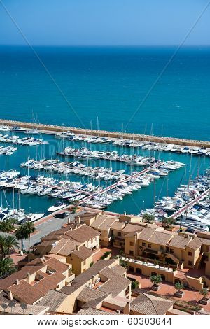 Moraira Club Nautico marina aerial view in Alicante Mediterranean sea of spain