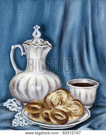 Painting: jug, bread and coffee cup
